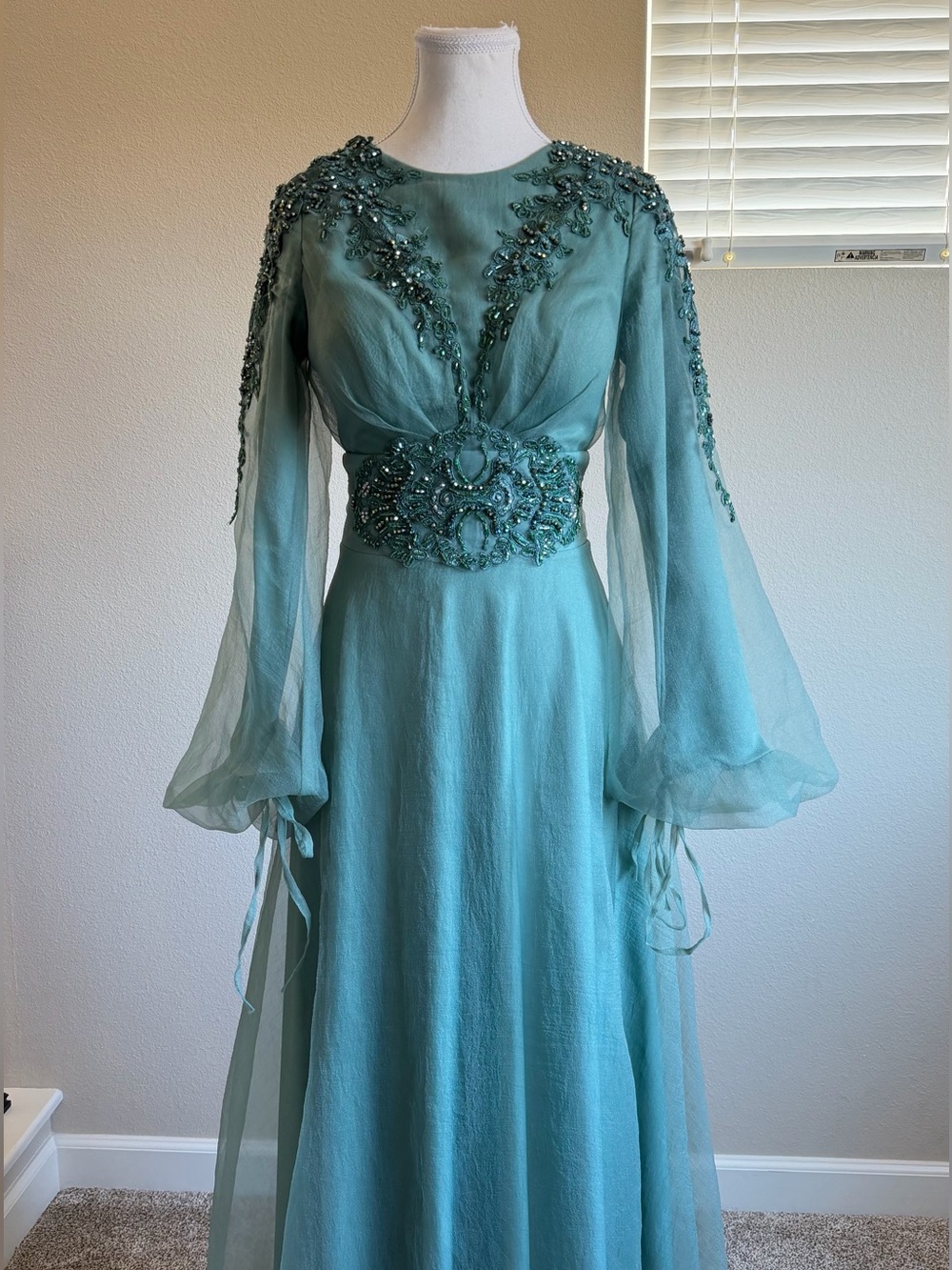 Elegant Sage Aqua Beaded Long-Sleeve Evening Dress With Sleeve Ties